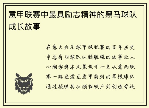 意甲联赛中最具励志精神的黑马球队成长故事